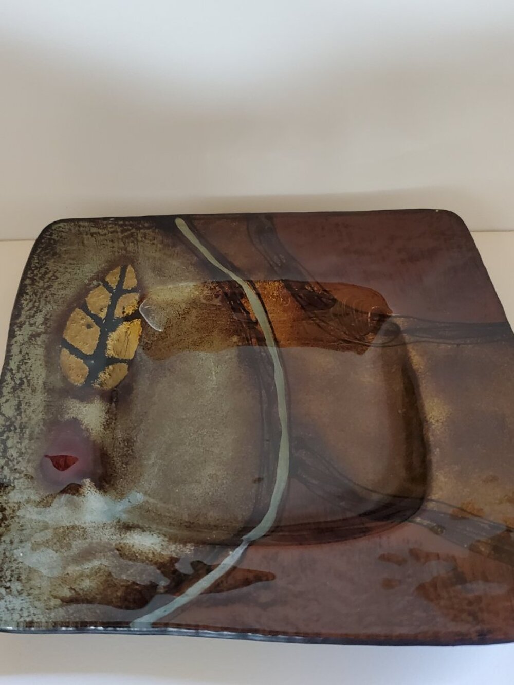 Vintage Glass Art Square Dish Bowl Warm Mixed Metallic Colours Leaf Motif